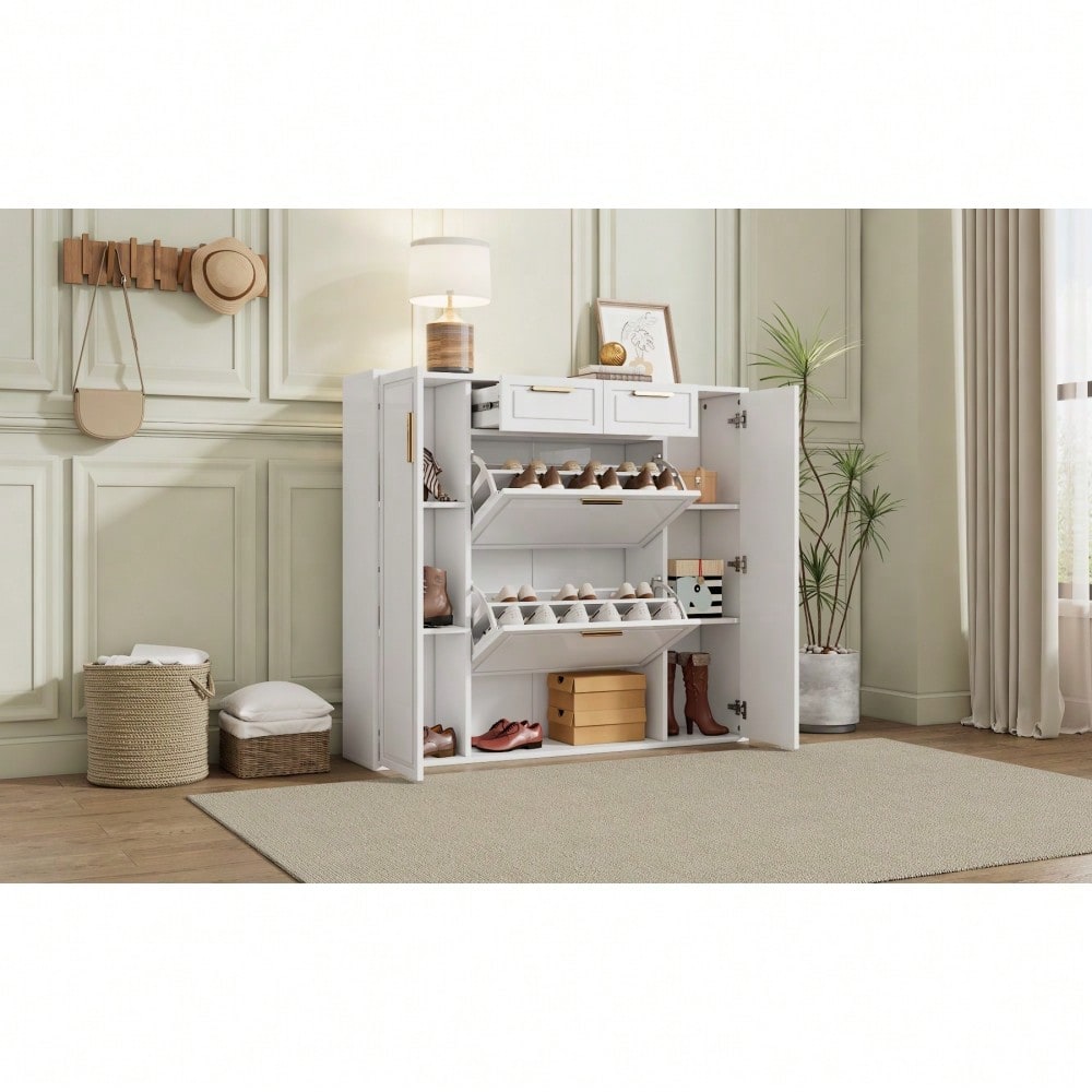 Moderne Schuhschrank, mit verstellbaren Regalen, goldenen Griffen, 2 Schubladen, Klappschuhschrank und 2 Türen, weiß, B120/D24/H107 CM