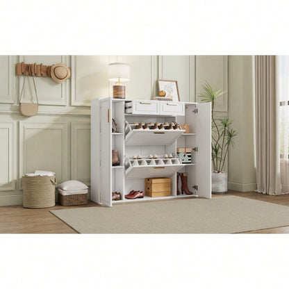 Moderne Schuhschrank, mit verstellbaren Regalen, goldenen Griffen, 2 Schubladen, Klappschuhschrank und 2 Türen, weiß, B120/D24/H107 CM