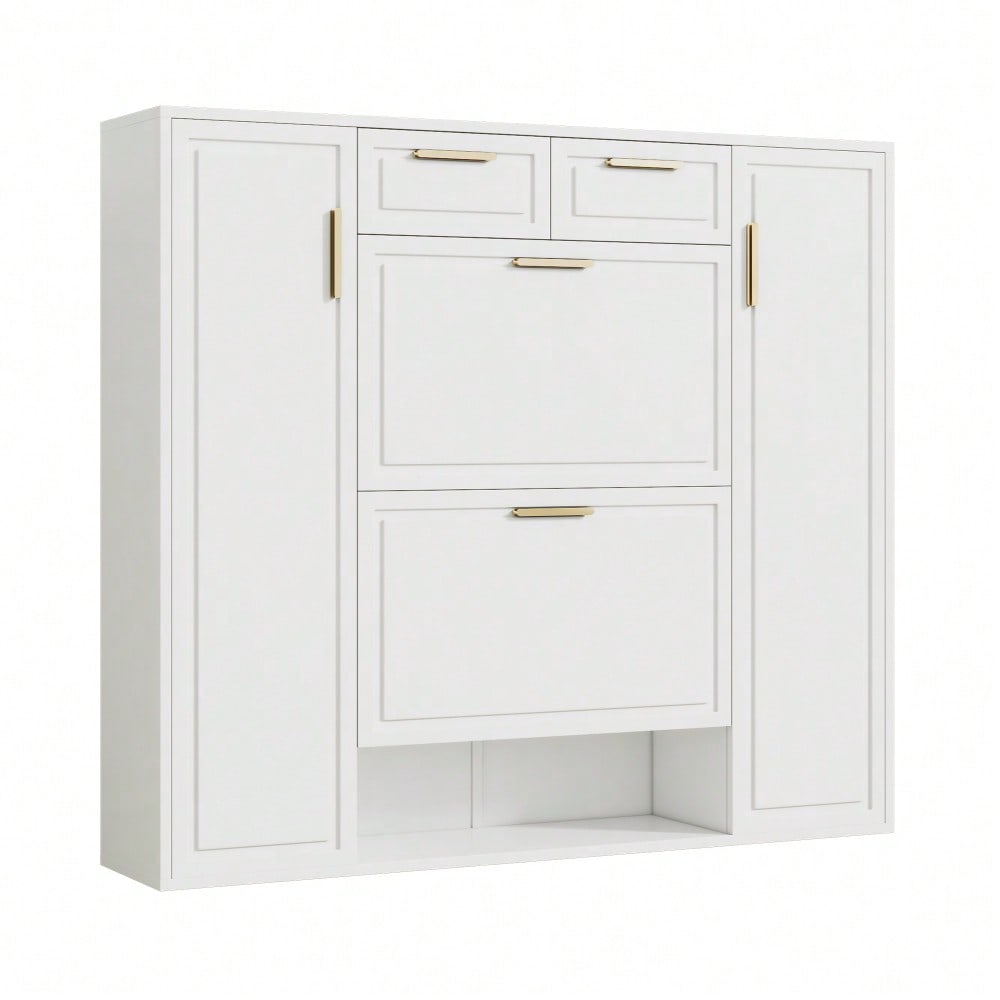 Moderne Schuhschrank, mit verstellbaren Regalen, goldenen Griffen, 2 Schubladen, Klappschuhschrank und 2 Türen, weiß, B120/D24/H107 CM