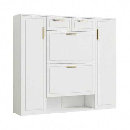 Moderne Schuhschrank, mit verstellbaren Regalen, goldenen Griffen, 2 Schubladen, Klappschuhschrank und 2 Türen, weiß, B120/D24/H107 CM