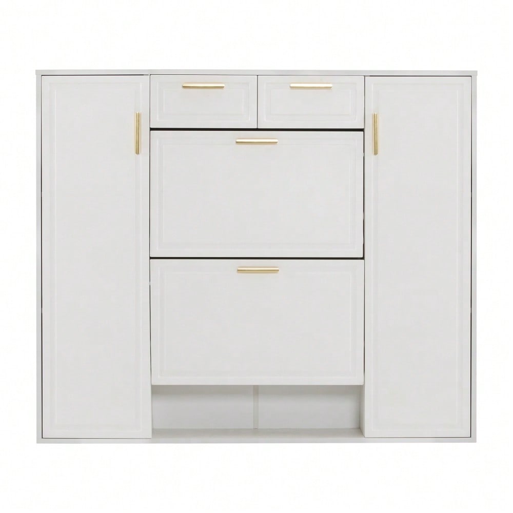 Moderne Schuhschrank, mit verstellbaren Regalen, goldenen Griffen, 2 Schubladen, Klappschuhschrank und 2 Türen, weiß, B120/D24/H107 CM