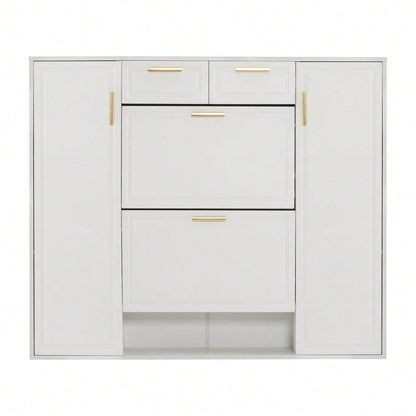Moderne Schuhschrank, mit verstellbaren Regalen, goldenen Griffen, 2 Schubladen, Klappschuhschrank und 2 Türen, weiß, B120/D24/H107 CM