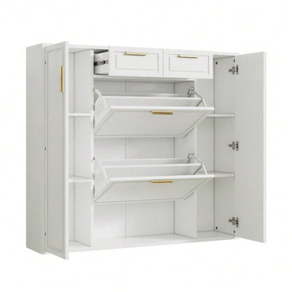 Moderne Schuhschrank, mit verstellbaren Regalen, goldenen Griffen, 2 Schubladen, Klappschuhschrank und 2 Türen, weiß, B120/D24/H107 CM