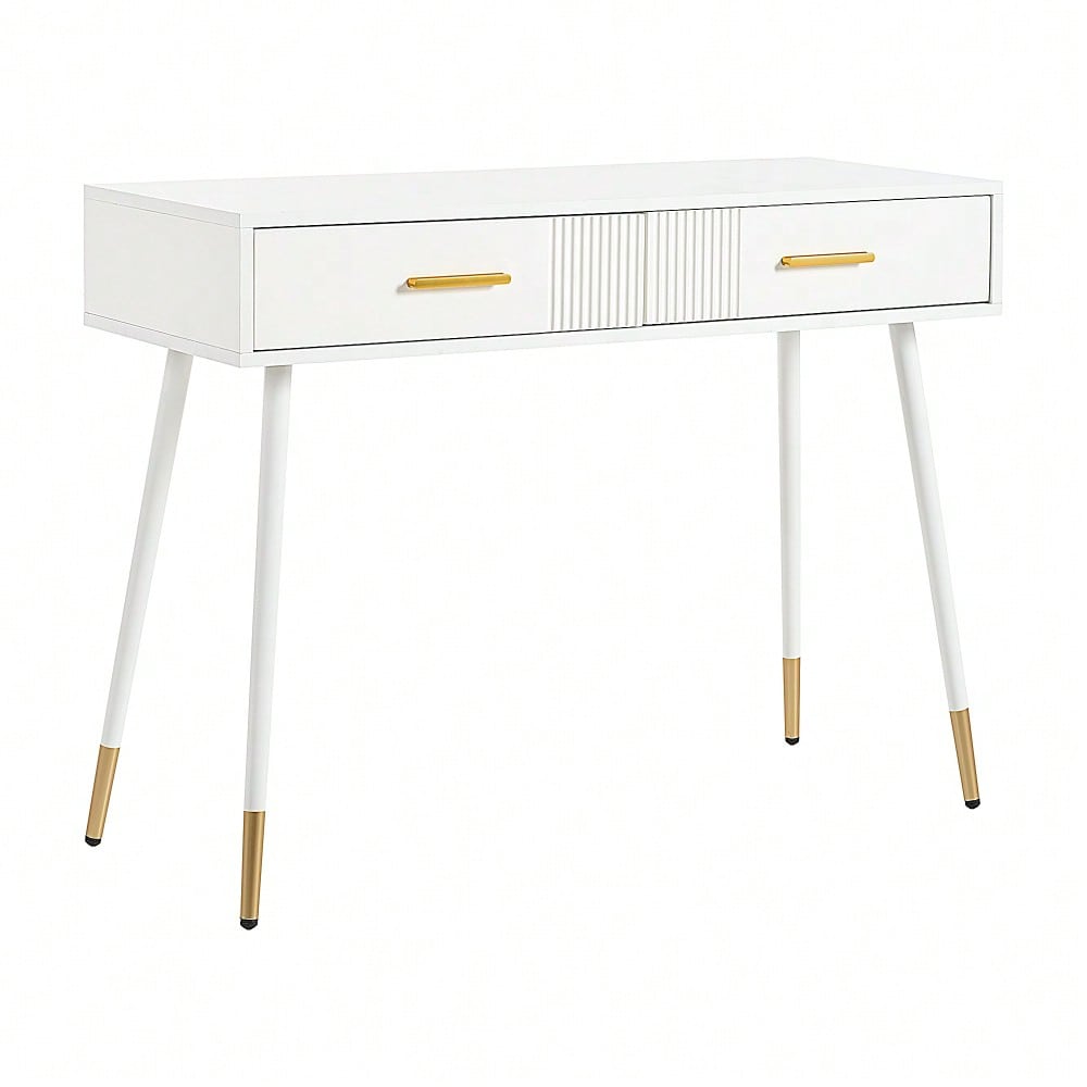 Schminktisch, Frisiertisch,Schreibtisch  mit 2 Schubladen, Metallfüße, weiß, Maße: H 76 cm × B 100 cm × T 40 cm(ohne Spiegel)
