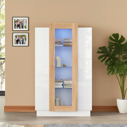 74*40*120cm Wohnzimmerschrank mit 3 Türen, transparente Türen, Vitrine hochglanz mit LED, Bücherschrank mit Glasablagen und Schublade,Standvitrine mit einer Höhe von 120cm