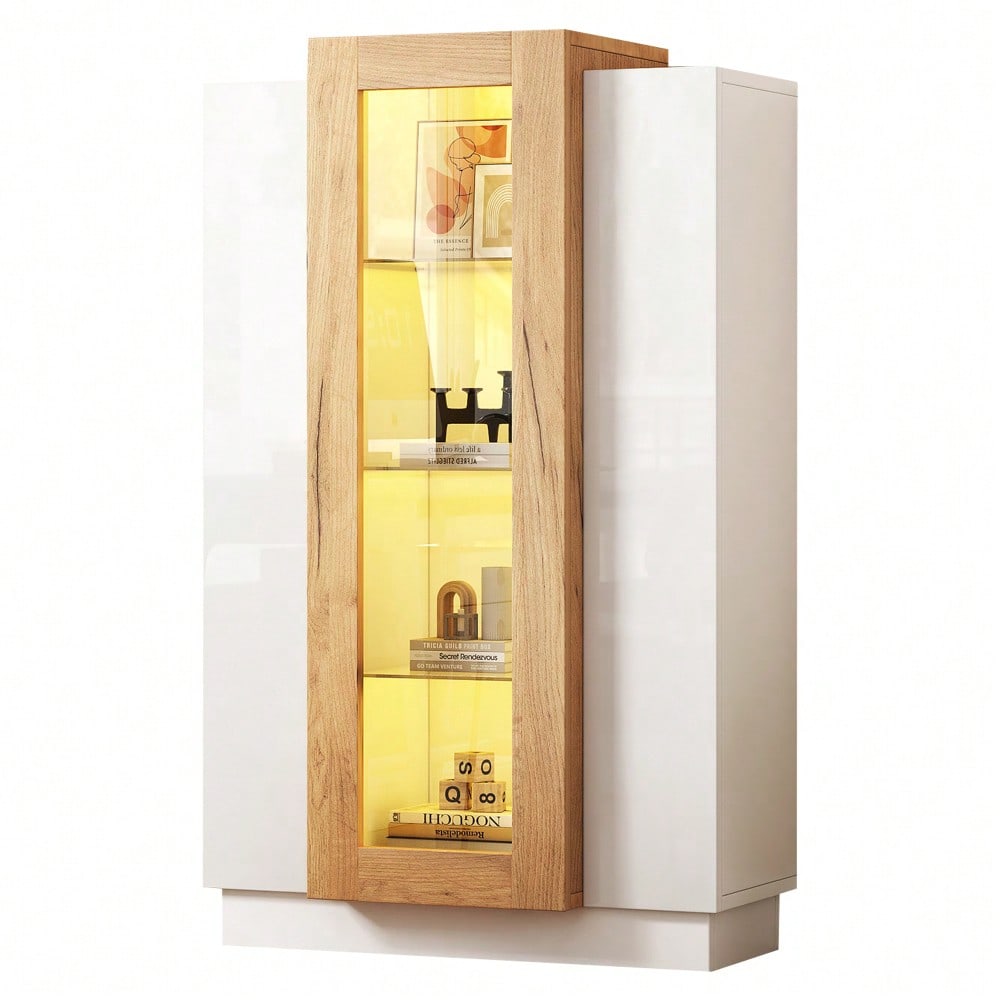 74*40*120cm Wohnzimmerschrank mit 3 Türen, transparente Türen, Vitrine hochglanz mit LED, Bücherschrank mit Glasablagen und Schublade,Standvitrine mit einer Höhe von 120cm