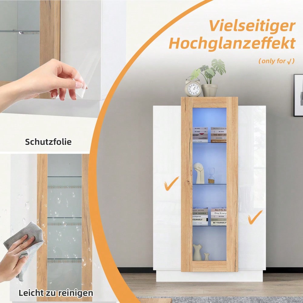 74*40*120cm Wohnzimmerschrank mit 3 Türen, transparente Türen, Vitrine hochglanz mit LED, Bücherschrank mit Glasablagen und Schublade,Standvitrine mit einer Höhe von 120cm