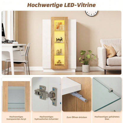 74*40*120cm Wohnzimmerschrank mit 3 Türen, transparente Türen, Vitrine hochglanz mit LED, Bücherschrank mit Glasablagen und Schublade,Standvitrine mit einer Höhe von 120cm
