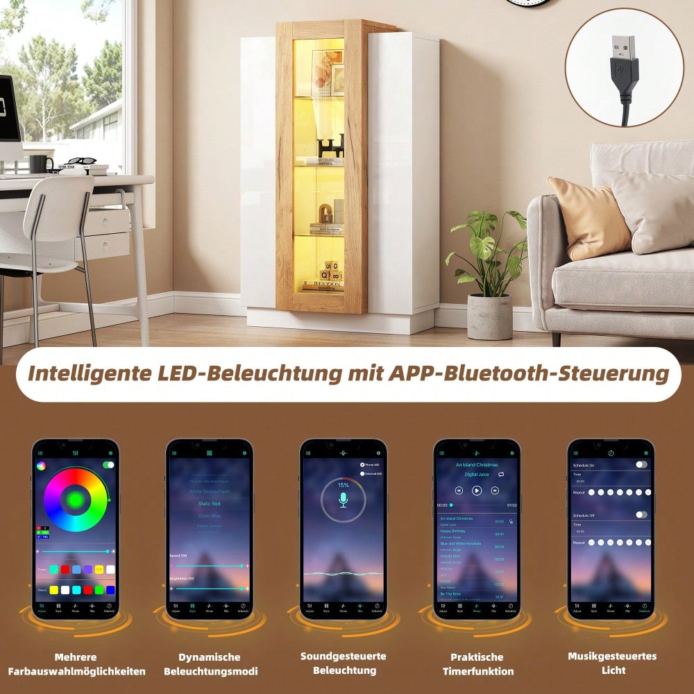 74*40*120cm Wohnzimmerschrank mit 3 Türen, transparente Türen, Vitrine hochglanz mit LED, Bücherschrank mit Glasablagen und Schublade,Standvitrine mit einer Höhe von 120cm