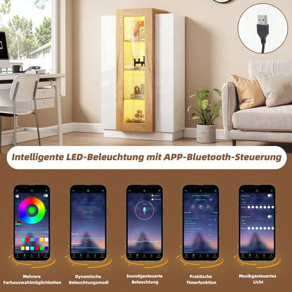 74*40*120cm Wohnzimmerschrank mit 3 Türen, transparente Türen, Vitrine hochglanz mit LED, Bücherschrank mit Glasablagen und Schublade,Standvitrine mit einer Höhe von 120cm