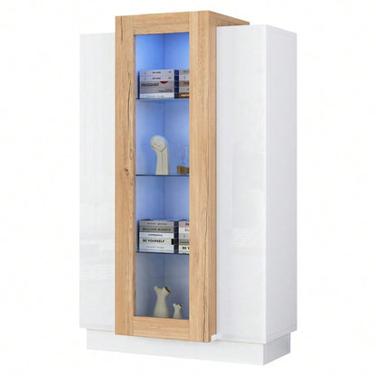 74*40*120cm Wohnzimmerschrank mit 3 Türen, transparente Türen, Vitrine hochglanz mit LED, Bücherschrank mit Glasablagen und Schublade,Standvitrine mit einer Höhe von 120cm