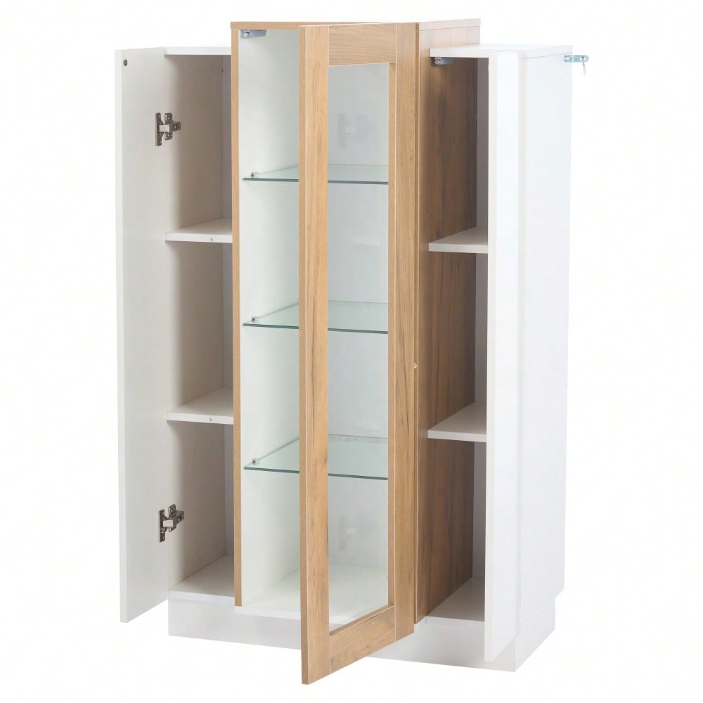 74*40*120cm Wohnzimmerschrank mit 3 Türen, transparente Türen, Vitrine hochglanz mit LED, Bücherschrank mit Glasablagen und Schublade,Standvitrine mit einer Höhe von 120cm