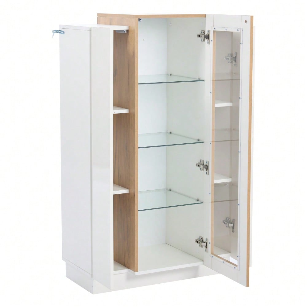 74*40*120cm Wohnzimmerschrank mit 3 Türen, transparente Türen, Vitrine hochglanz mit LED, Bücherschrank mit Glasablagen und Schublade,Standvitrine mit einer Höhe von 120cm