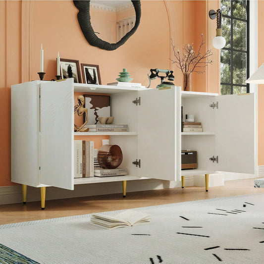 Sideboard Wohnzimmer, Kommode mit 4 Türen Goldene Gebürstete Griffe und Hochglanz Tischbeine Komodenschrank,  Weiß, maße 160×80×40 cm (B×H×T)