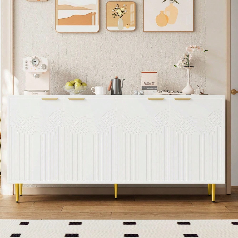 Sideboard Wohnzimmer, Kommode mit 4 Türen Goldene Gebürstete Griffe und Hochglanz Tischbeine Komodenschrank,  Weiß, maße 160×80×40 cm (B×H×T)