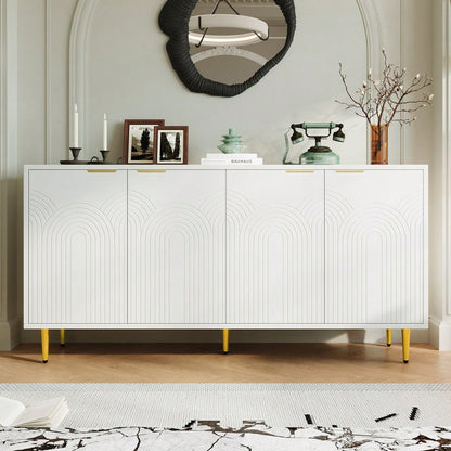 Sideboard Wohnzimmer, Kommode mit 4 Türen Goldene Gebürstete Griffe und Hochglanz Tischbeine Komodenschrank,  Weiß, maße 160×80×40 cm (B×H×T)