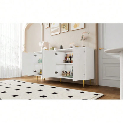 Sideboard Wohnzimmer, Kommode mit 4 Türen Goldene Gebürstete Griffe und Hochglanz Tischbeine Komodenschrank,  Weiß, maße 160×80×40 cm (B×H×T)