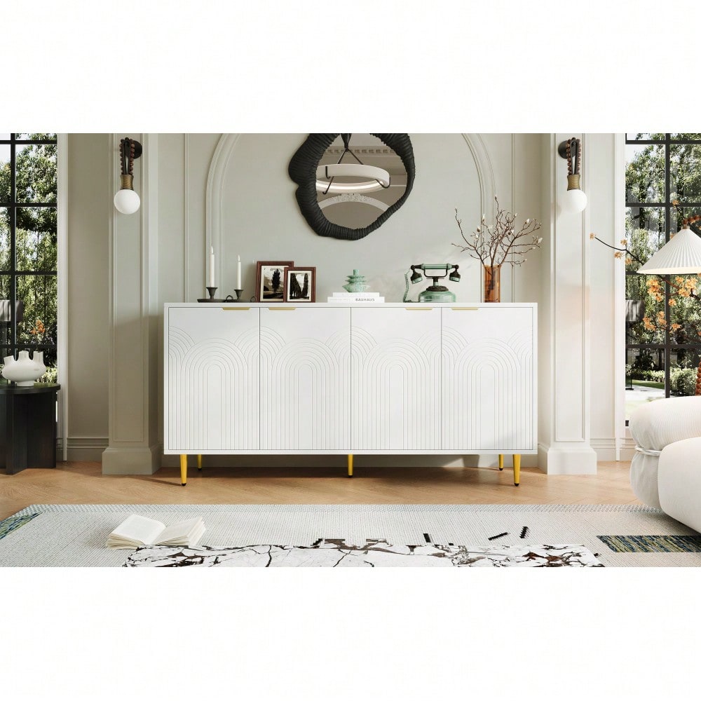 Sideboard Wohnzimmer, Kommode mit 4 Türen Goldene Gebürstete Griffe und Hochglanz Tischbeine Komodenschrank,  Weiß, maße 160×80×40 cm (B×H×T)