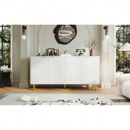 Sideboard Wohnzimmer, Kommode mit 4 Türen Goldene Gebürstete Griffe und Hochglanz Tischbeine Komodenschrank,  Weiß, maße 160×80×40 cm (B×H×T)