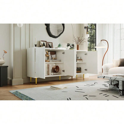 Sideboard Wohnzimmer, Kommode mit 4 Türen Goldene Gebürstete Griffe und Hochglanz Tischbeine Komodenschrank,  Weiß, maße 160×80×40 cm (B×H×T)