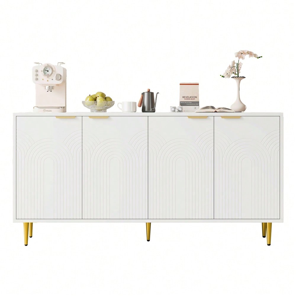 Sideboard Wohnzimmer, Kommode mit 4 Türen Goldene Gebürstete Griffe und Hochglanz Tischbeine Komodenschrank,  Weiß, maße 160×80×40 cm (B×H×T)