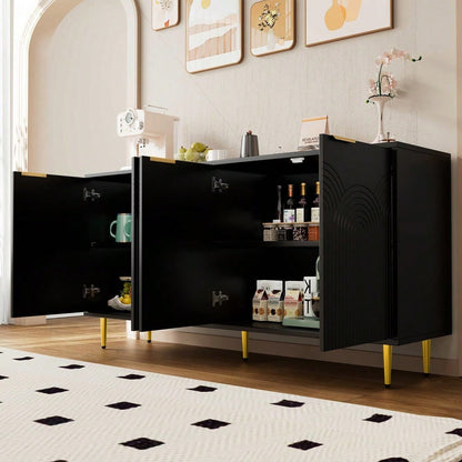 Sideboard Wohnzimmer, Kommode mit 4 Türen Goldene Gebürstete Griffe und Hochglanz Tischbeine Komodenschrank, Schwarz, maße 160×80×40 cm (B×H×T)