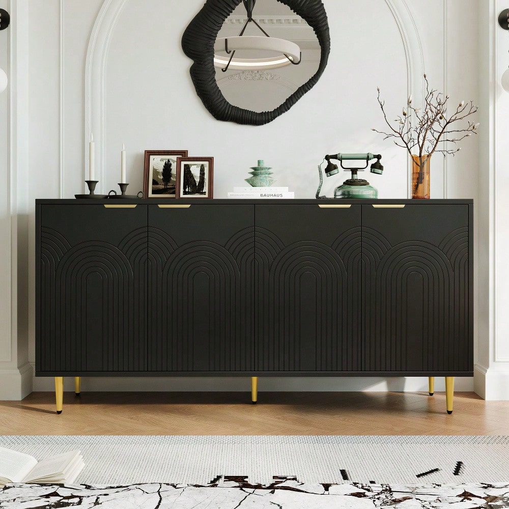 Sideboard Wohnzimmer, Kommode mit 4 Türen Goldene Gebürstete Griffe und Hochglanz Tischbeine Komodenschrank, Schwarz, maße 160×80×40 cm (B×H×T)