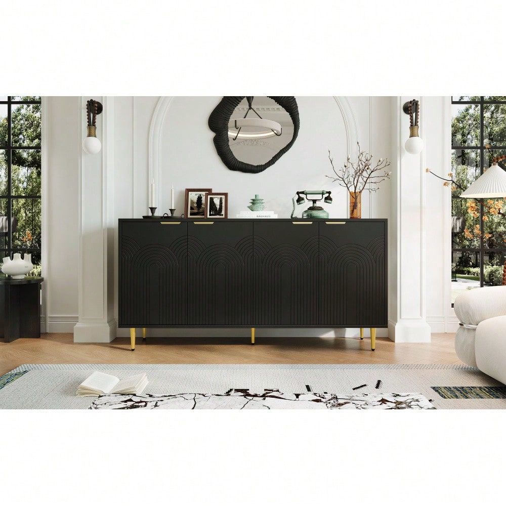 Sideboard Wohnzimmer, Kommode mit 4 Türen Goldene Gebürstete Griffe und Hochglanz Tischbeine Komodenschrank, Schwarz, maße 160×80×40 cm (B×H×T)