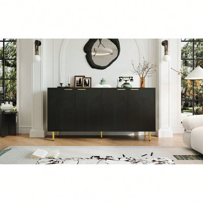Sideboard Wohnzimmer, Kommode mit 4 Türen Goldene Gebürstete Griffe und Hochglanz Tischbeine Komodenschrank, Schwarz, maße 160×80×40 cm (B×H×T)