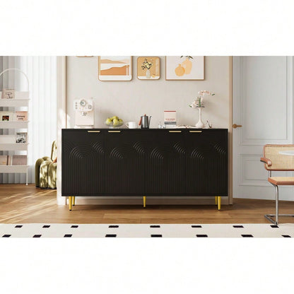 Sideboard Wohnzimmer, Kommode mit 4 Türen Goldene Gebürstete Griffe und Hochglanz Tischbeine Komodenschrank, Schwarz, maße 160×80×40 cm (B×H×T)