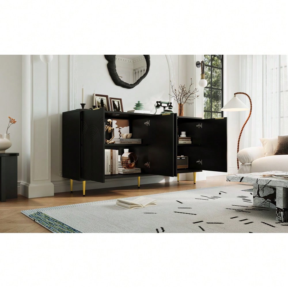 Sideboard Wohnzimmer, Kommode mit 4 Türen Goldene Gebürstete Griffe und Hochglanz Tischbeine Komodenschrank, Schwarz, maße 160×80×40 cm (B×H×T)