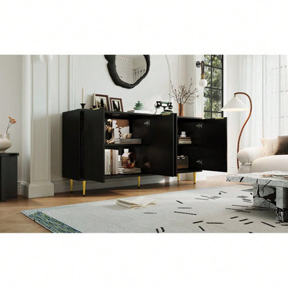 Sideboard Wohnzimmer, Kommode mit 4 Türen Goldene Gebürstete Griffe und Hochglanz Tischbeine Komodenschrank, Schwarz, maße 160×80×40 cm (B×H×T)