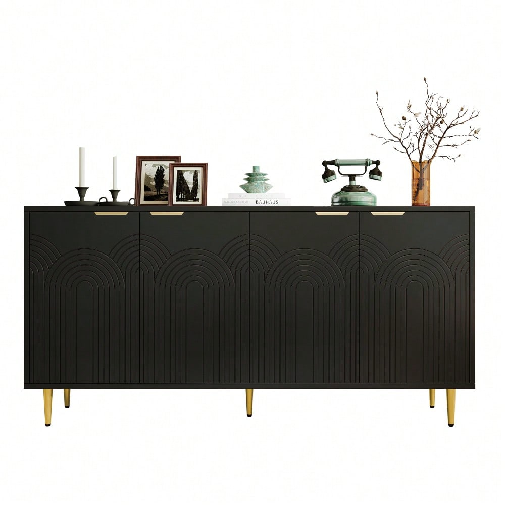 Sideboard Wohnzimmer, Kommode mit 4 Türen Goldene Gebürstete Griffe und Hochglanz Tischbeine Komodenschrank, Schwarz, maße 160×80×40 cm (B×H×T)