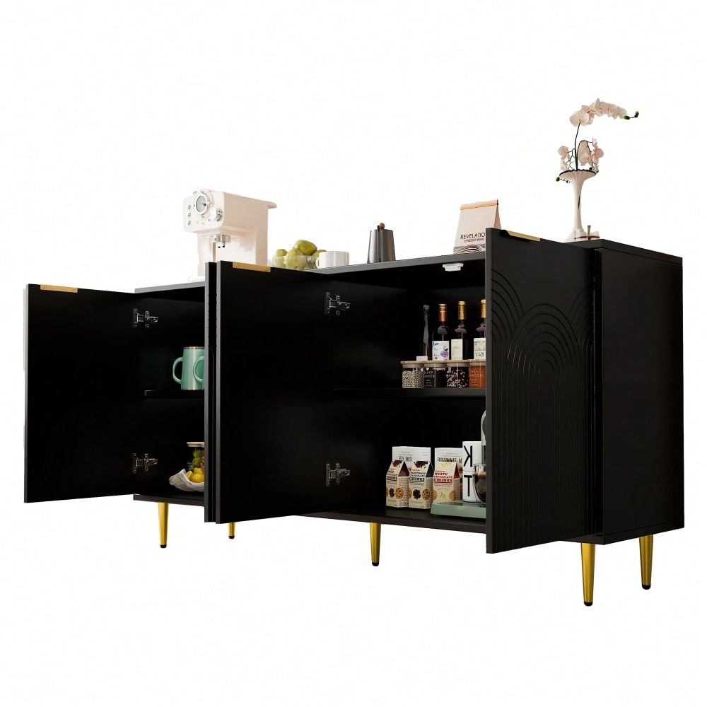 Sideboard Wohnzimmer, Kommode mit 4 Türen Goldene Gebürstete Griffe und Hochglanz Tischbeine Komodenschrank, Schwarz, maße 160×80×40 cm (B×H×T)