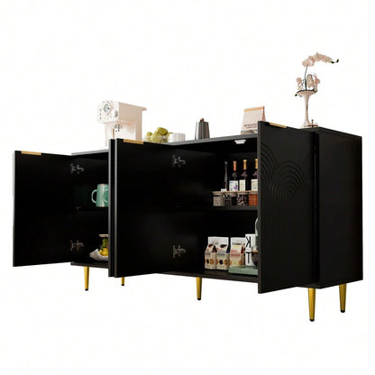 Sideboard Wohnzimmer, Kommode mit 4 Türen Goldene Gebürstete Griffe und Hochglanz Tischbeine Komodenschrank, Schwarz, maße 160×80×40 cm (B×H×T)