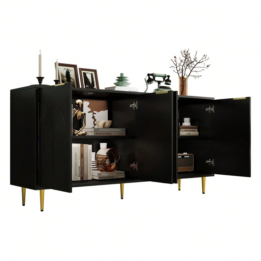 Sideboard Wohnzimmer, Kommode mit 4 Türen Goldene Gebürstete Griffe und Hochglanz Tischbeine Komodenschrank, Schwarz, maße 160×80×40 cm (B×H×T)