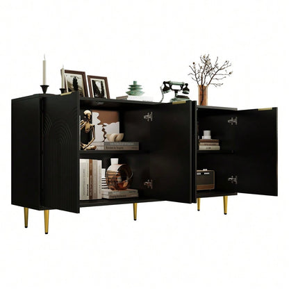 Sideboard Wohnzimmer, Kommode mit 4 Türen Goldene Gebürstete Griffe und Hochglanz Tischbeine Komodenschrank, Schwarz, maße 160×80×40 cm (B×H×T)