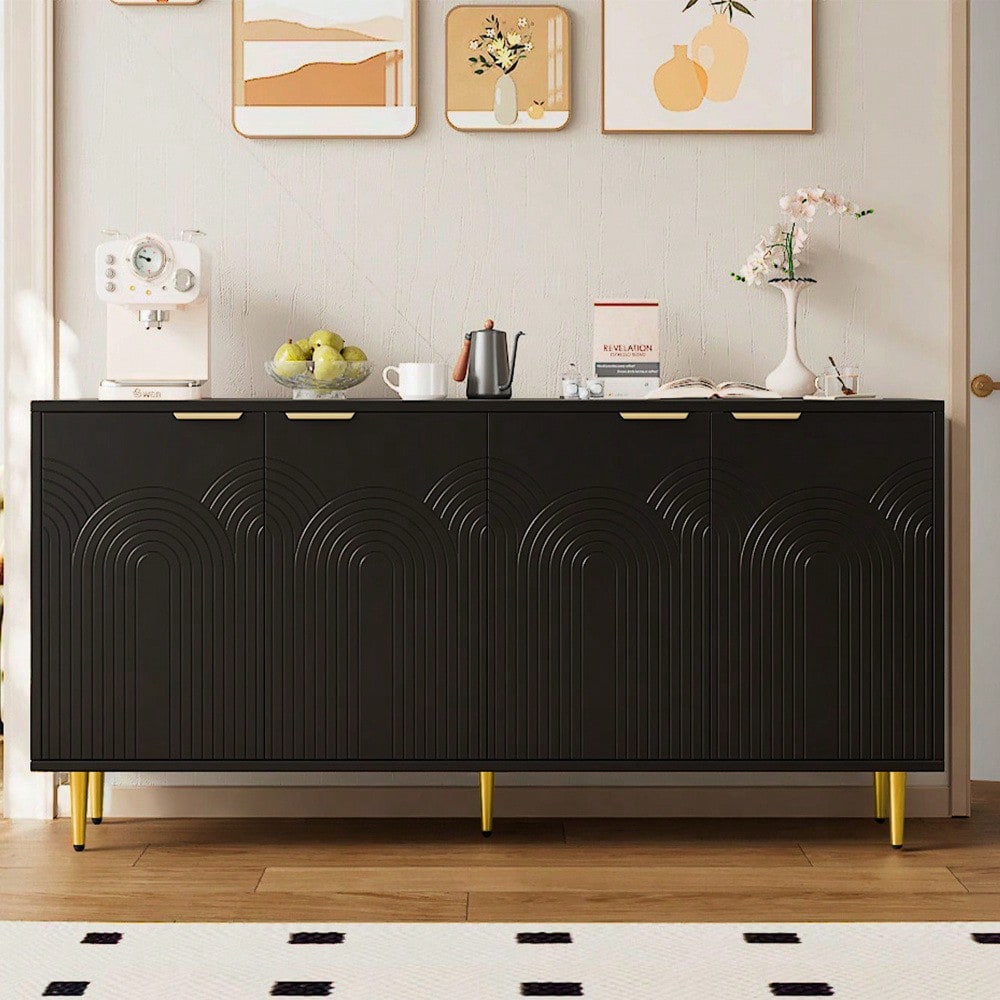 Sideboard Wohnzimmer, Kommode mit 4 Türen Goldene Gebürstete Griffe und Hochglanz Tischbeine Komodenschrank, Schwarz, maße 160×80×40 cm (B×H×T)