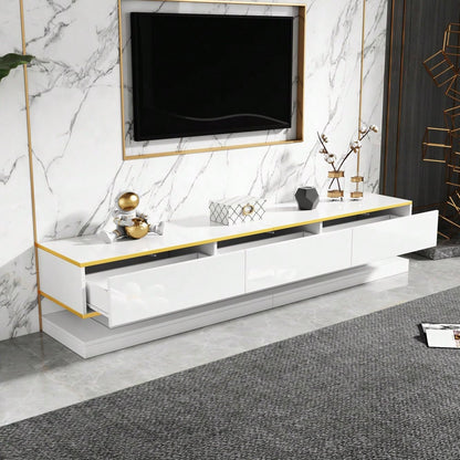 200*40*40cm Fernsehschrank, Lowboard  mit 3 Schubladen, Hochglanz-TV-Ständer,Wohnzimmerschrank mit großem Stauraum, Warmweißer TV-Tisch mit goldener Kante,Standfernsehschrank