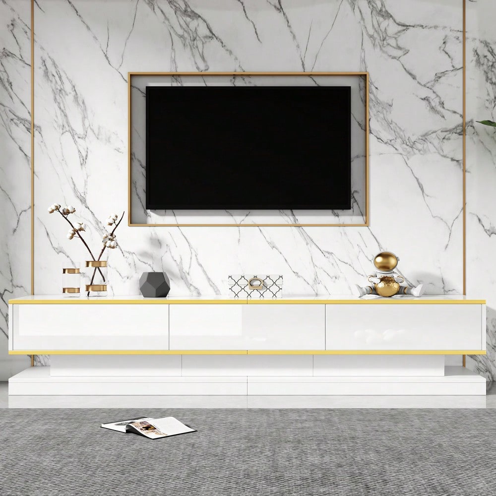 200*40*40cm Fernsehschrank, Lowboard  mit 3 Schubladen, Hochglanz-TV-Ständer,Wohnzimmerschrank mit großem Stauraum, Warmweißer TV-Tisch mit goldener Kante,Standfernsehschrank