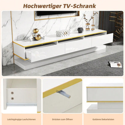 200*40*40cm Fernsehschrank, Lowboard  mit 3 Schubladen, Hochglanz-TV-Ständer,Wohnzimmerschrank mit großem Stauraum, Warmweißer TV-Tisch mit goldener Kante,Standfernsehschrank