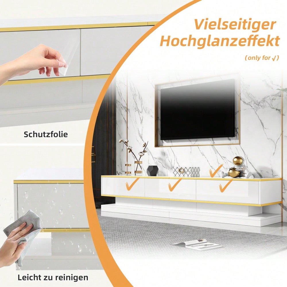 200*40*40cm Fernsehschrank, Lowboard  mit 3 Schubladen, Hochglanz-TV-Ständer,Wohnzimmerschrank mit großem Stauraum, Warmweißer TV-Tisch mit goldener Kante,Standfernsehschrank