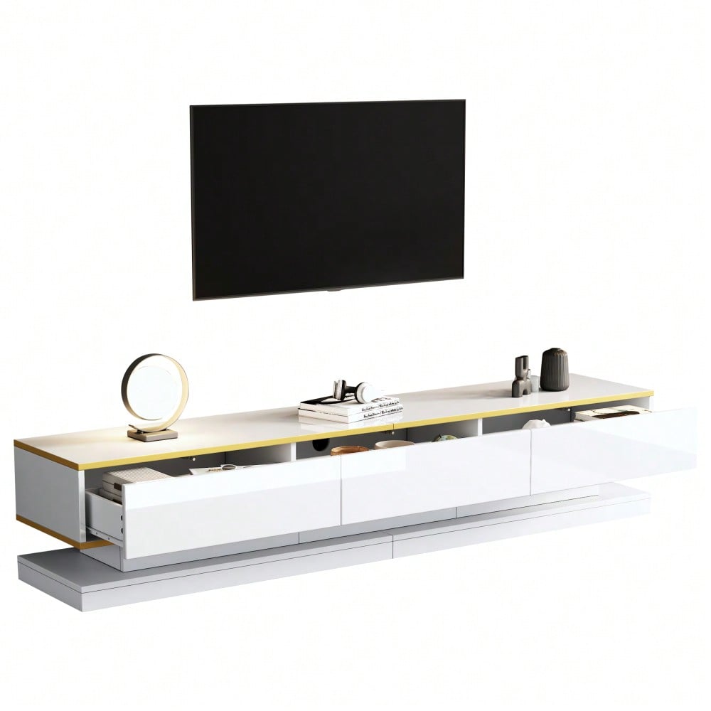 200*40*40cm Fernsehschrank, Lowboard  mit 3 Schubladen, Hochglanz-TV-Ständer,Wohnzimmerschrank mit großem Stauraum, Warmweißer TV-Tisch mit goldener Kante,Standfernsehschrank