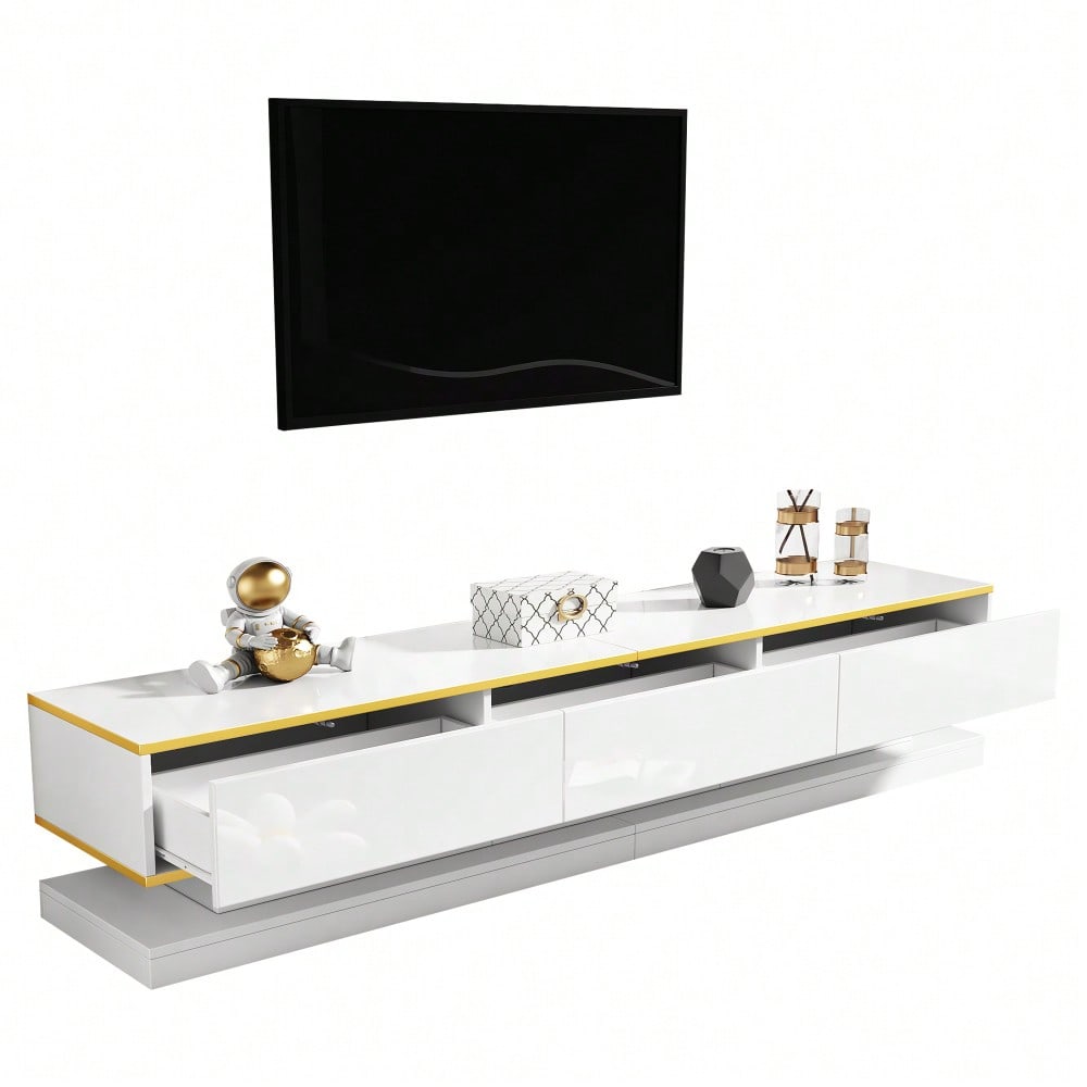 200*40*40cm Fernsehschrank, Lowboard  mit 3 Schubladen, Hochglanz-TV-Ständer,Wohnzimmerschrank mit großem Stauraum, Warmweißer TV-Tisch mit goldener Kante,Standfernsehschrank