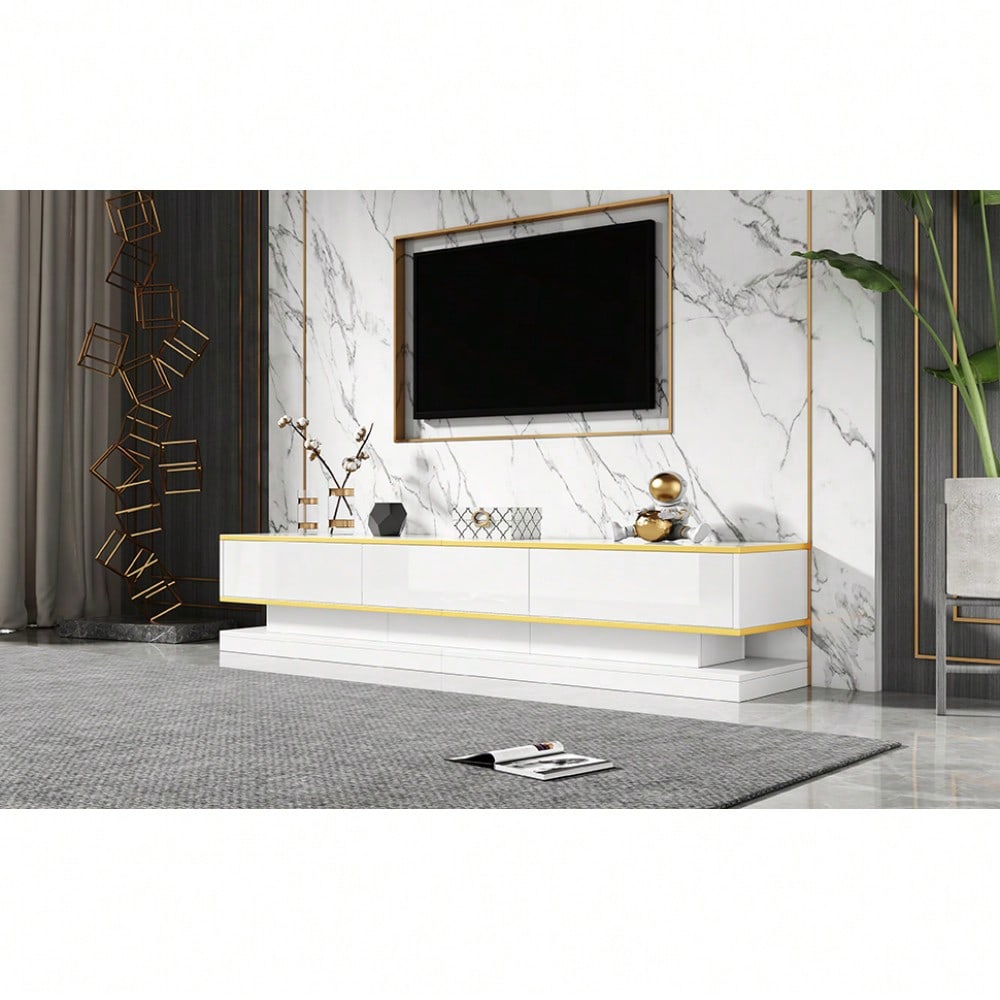 200*40*40cm Fernsehschrank, Lowboard  mit 3 Schubladen, Hochglanz-TV-Ständer,Wohnzimmerschrank mit großem Stauraum, Warmweißer TV-Tisch mit goldener Kante,Standfernsehschrank
