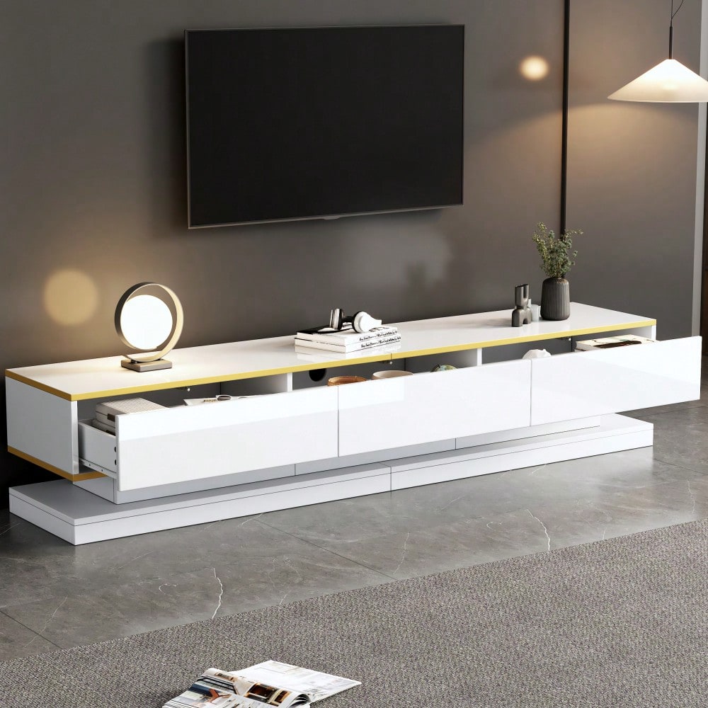 200*40*40cm Fernsehschrank, Lowboard  mit 3 Schubladen, Hochglanz-TV-Ständer,Wohnzimmerschrank mit großem Stauraum, Warmweißer TV-Tisch mit goldener Kante,Standfernsehschrank