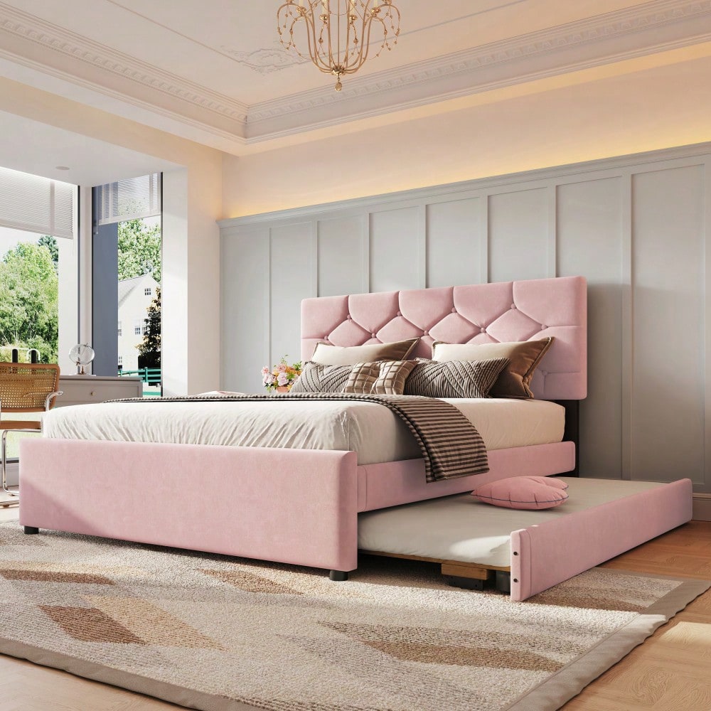Polsterbett, 140x200cm, Bett mit Lattenrost (ohne Matratze), Bett mit Rollcontainer, Samt, Minimalistisch, Rosa