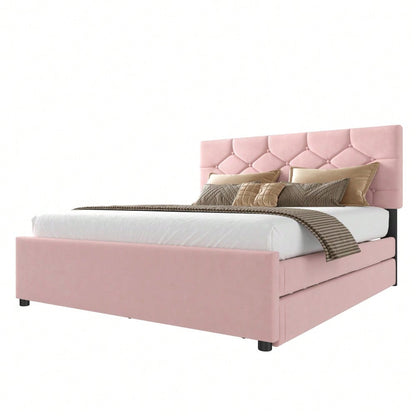 Polsterbett, 140x200cm, Bett mit Lattenrost (ohne Matratze), Bett mit Rollcontainer, Samt, Minimalistisch, Rosa