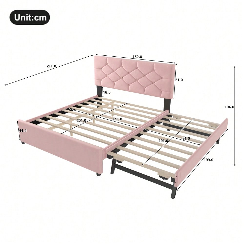 Polsterbett, 140x200cm, Bett mit Lattenrost (ohne Matratze), Bett mit Rollcontainer, Samt, Minimalistisch, Rosa