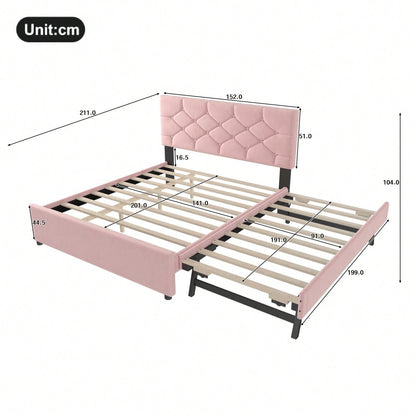 Polsterbett, 140x200cm, Bett mit Lattenrost (ohne Matratze), Bett mit Rollcontainer, Samt, Minimalistisch, Rosa